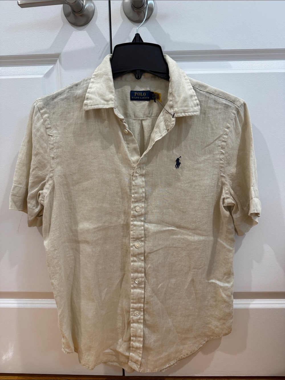 Ralph Lauren Women's Beige Button-Down Linen Shirt with Navy Pony